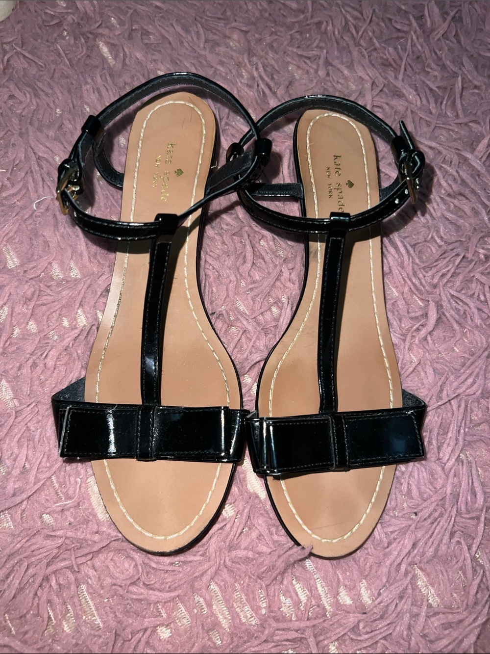 kate spade Black Patent T-Strap Bow Sandals